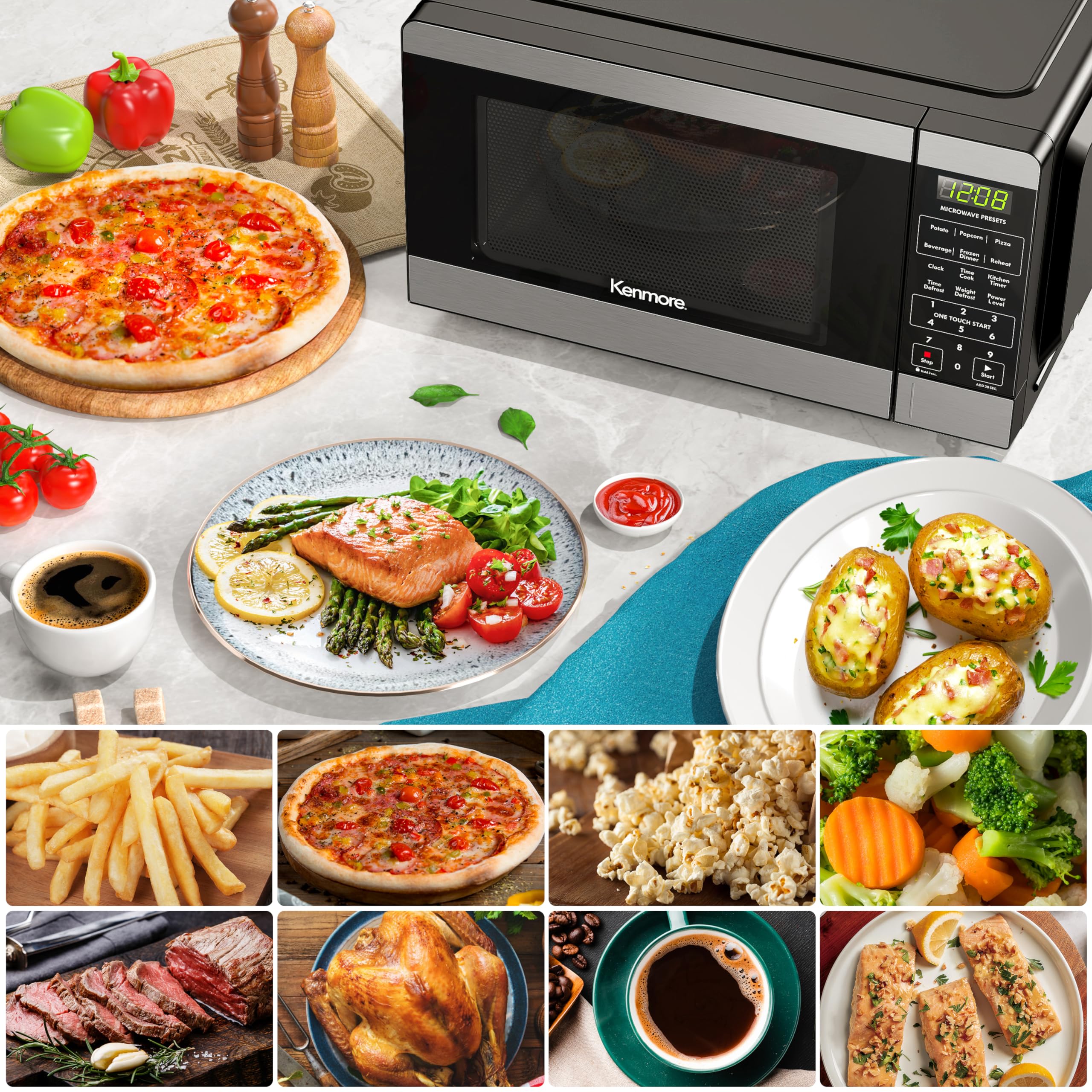 Kenmore Countertop Microwave, 6 Auto-Preset Menus, Child Lock, Defrost & Express Cooking Features, 900 Watt, .9 Cu Ft, Stainless Steel - Image 6