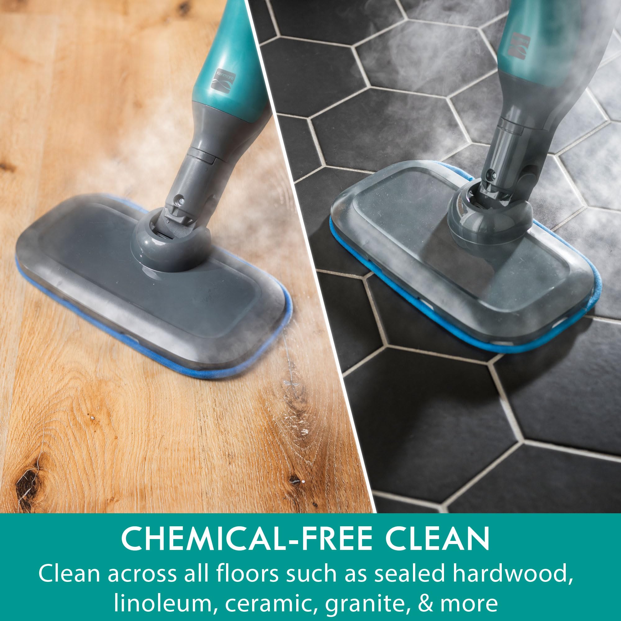 Kenmore SM2050 2-in-1 Steam Mop Hard Floor Cleaner with 2 Modes & 2pcs Washable Pads for Carpets, Rugs and Upholstery, Green - Image 3